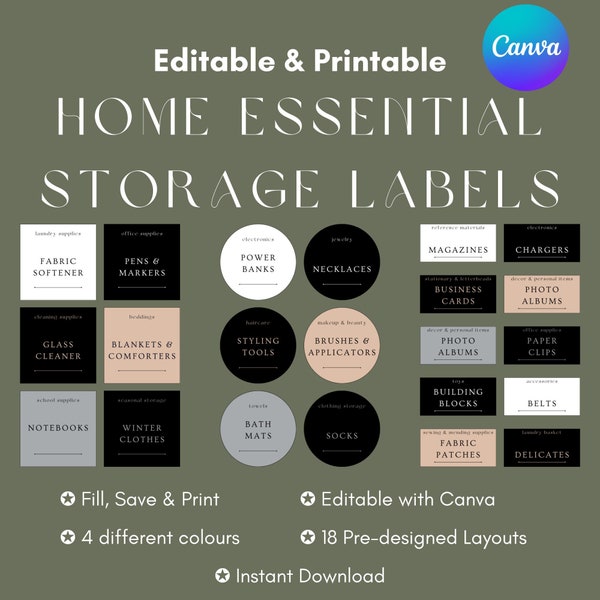 Custom Home Essential Storage Labels Canva Editable Digital Template, Bathroom, Laundry, Home Office, Seasonal Storage, Kid's Room, Closet