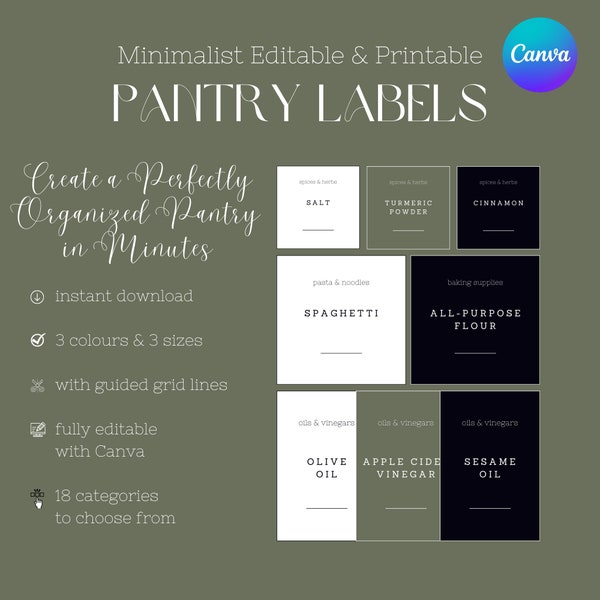 Pantry Organization Labels, Digital Template, Minimalist and Customizable Spices and Herbs Labels, Gluten Free, Pasta, Baking Supplies, Oils