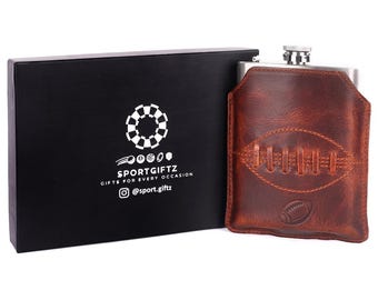 Buffalo Leather Hip Flask: Rugby Gift for Sports Fans (8oz)