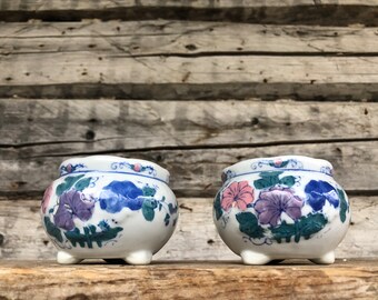 Chinese oriental hand painted porcelain vase tray flower pot holder decor jug collectible floral flower set of 2