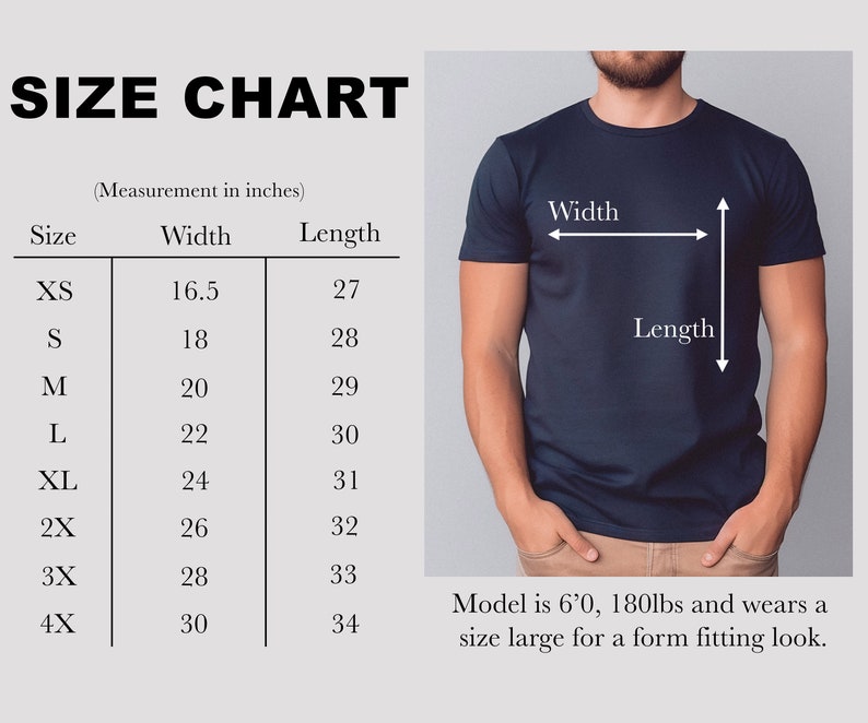 Puede incluir: Una camiseta azul marino con una tabla de tallas. La tabla muestra medidas en pulgadas para el ancho y el largo, que van desde la XS hasta la 4X. El modelo mide 1,83 m, pesa 81,6 kg y usa una talla L para un ajuste entallado.