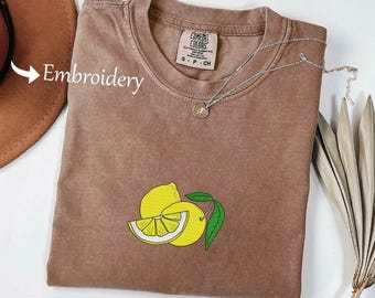 Embroidered Lemon Shirt – Minimalist Fruit Tee – Cottagecore Summer T-Shirt – Aesthetic Citrus Embroidery – Fruit Tee – Lemon Tee