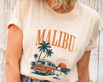 Malibu Beach Shirt- Retro Surf Girl Coastal Tee- Sunset Van Summer Shirt- Tropical Ocean Lover Gift- Aesthetic Vacation Graphic T-Shirt
