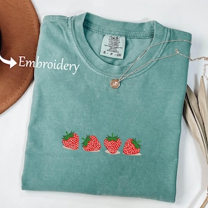 Comfort Colors Embroidered Strawberry T Shirt - Short Sleeve Summer Tee - Womens Oversized Stitched Shirt - Embroidered Clothing