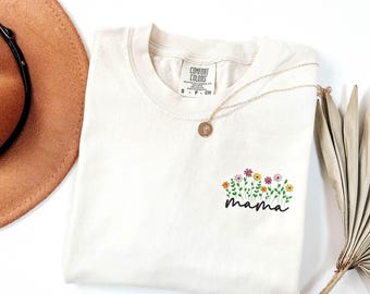 Pocket Embroidered Mama Flower Shirt, Botanical Plant Tshirt, Floral Mother's Day Gift for New Mom, Flower Shirts for Women