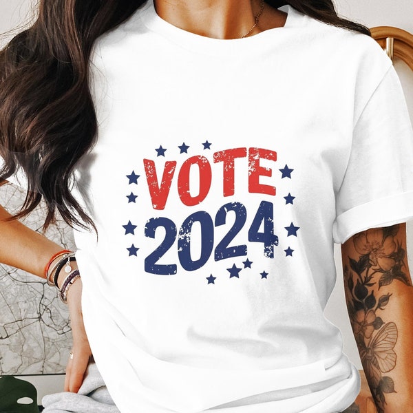 Patriotic Vote 2024 T-Shirt, American Election Graphic Tee, Stars and Stripes Style Shirt, Unisex Voter Apparel