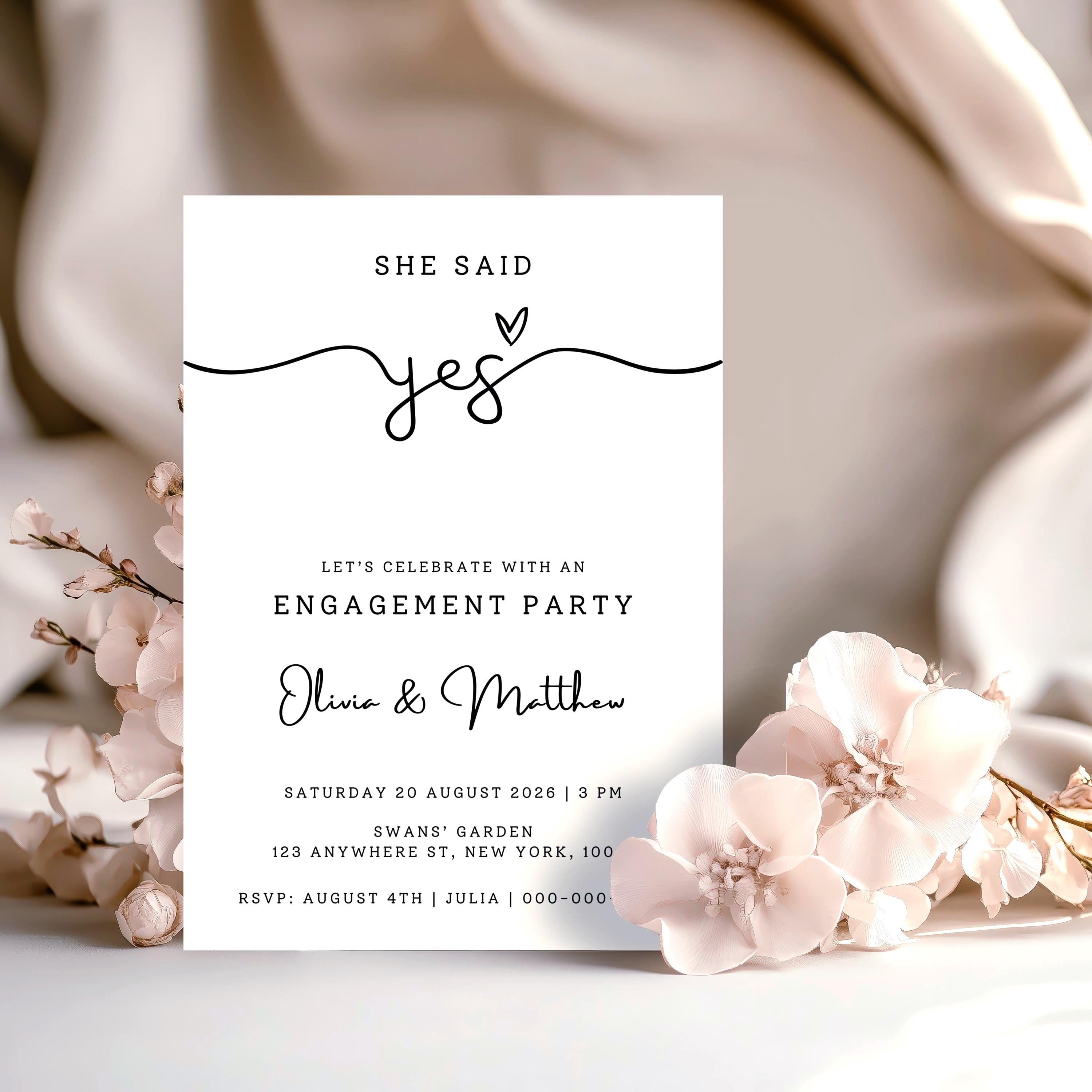 Engagement Card – Modern Minimalist "She Said Yes" Invite | Editable Canva Template | Engagement Party Invitation | Instant Download