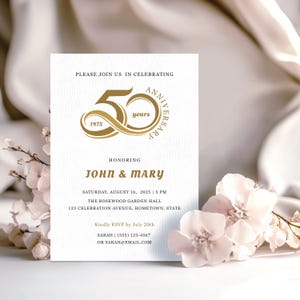Uitnodiging 50e verjaardag • Gouden bruiloftsuitnodiging • Kaart 50-jarig jubileum • 50e huwelijksverjaardag • Canva bewerkbare huwelijksuitnodiging