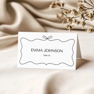 Cartões de lugar com nome para casamento, cartões de nome para mesa, design de laço minimalista, etiquetas de nome planas e em formato de tenda, download instantâneo, modelo editável do Canva