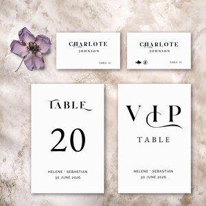 Conjunto de mesa de casamento — marcadores de lugar, números de mesa, placas VIP, ícones de comida, cartões dobráveis e planos, decoração minimalista para casamento