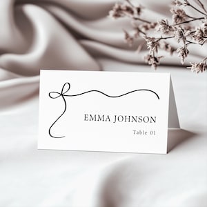 Tarjetas de lugar para bodas, tarjetas de nombre para mesas, diseño de lazo minimalista, etiquetas de nombre planas y acampanadas, descarga instantánea, plantilla editable de Canva