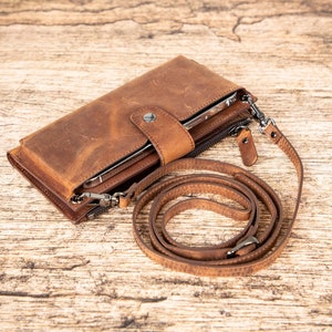 Leather Wallet with Phone Compartment, Modern Travel Accessory, Crossbody Phone Wallet, Leather Bag, Women's Purse