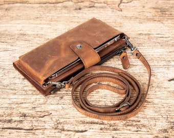 Leather Wallet with Phone Compartment, Modern Travel Accessory, Crossbody Phone Wallet, Leather Bag, Women's Purse