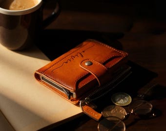 Personalized Pop up Wallet, Leather Wallet with Zipper Pouch, Mechanical Card Holder, Modern Travel Accessory