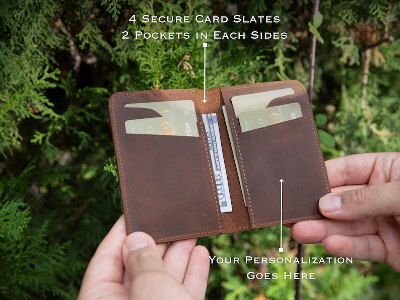 May include: A brown leather wallet with four card slots and two pockets on each side. The wallet is open and has a few cards and cash inside. The text "YOUR PERSONALIZATION GOES HERE" is printed on the bottom of the wallet.