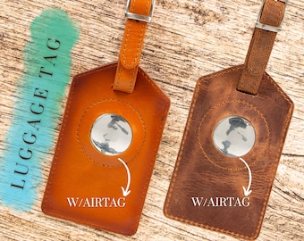 Luggage Tag,Leather Luggage Tag with Airtag pocket, Personalized luggage tag, Customized Genuine Leather Luggage Tag, Engraved Baggage Tags