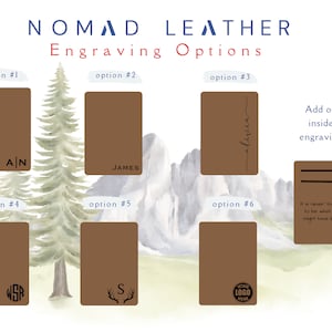 May include: Six different options for engraving on a brown leather journal. The options include a monogram, a name, a quote, a logo, a deer antler, and a simple letter. The text "Add on inside engraving" is also included.