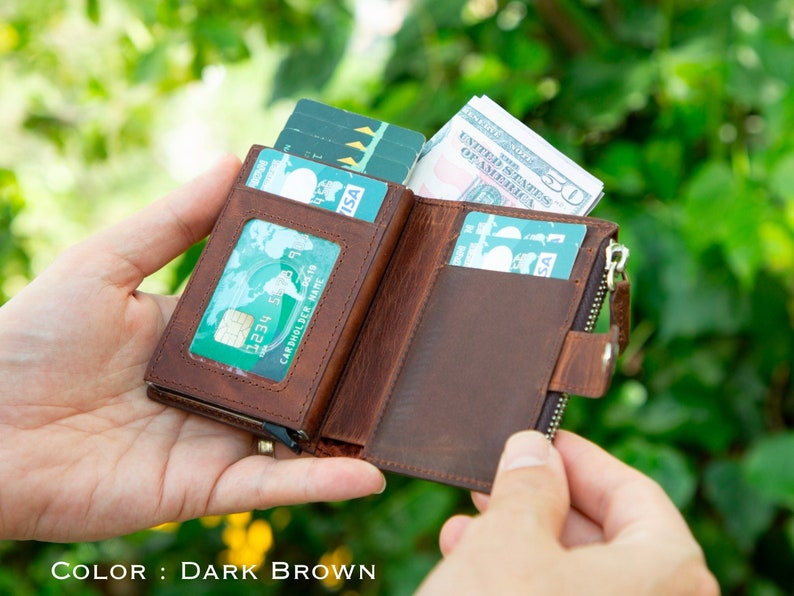 Wallet Inside Leather Wallet With Zipper Pouch, Personalized Pop up Wallet ...