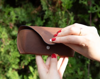 Personalized Full Grain Leather Glasses Case | Eyewear Protector with Snap Closure | Sunglasses Sleeve