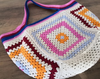 Bolso de ganchillo, bolso de ganchillo estilo granny square, bolso tote, estilo boho, bolso moderno, bolso colorido, bolso de fin de semana, bolso hecho a mano, regalo para ella