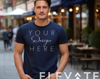 Gildan 5000 NAVY Tee Shirt Mockup, G500 Stylish Male Model Mocks, Fall Season Blue T-Shirt Mockup, City Outdoor Lifestyle Jersey Top Mock up