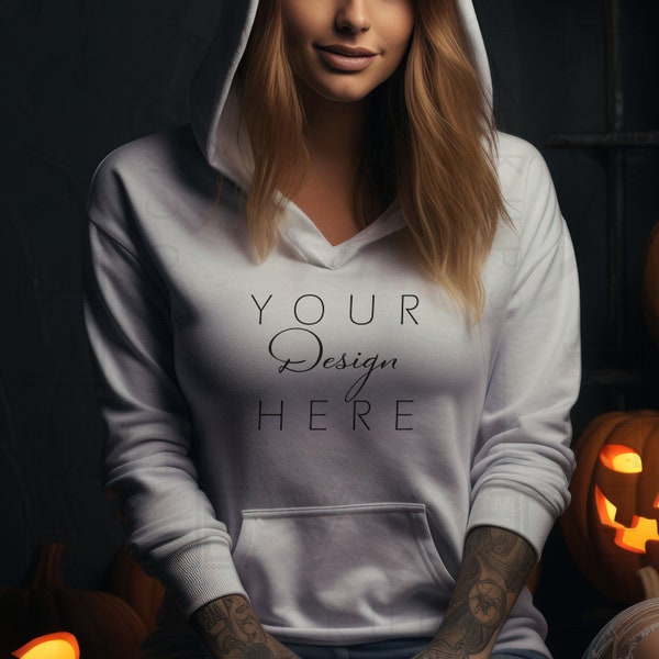 Oversized Gildan 18500 Hooded Sweatshirt Mockup, Unisex Hoodie Sweat Shirt Mock, G185 Halloween Mock, GI18500B Baggy Hoody Female Model