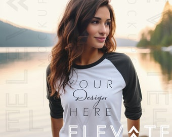 Bella Canvas 3200 White/Asphalt Raglan Mockup, Unisex 3/4 Sleeve Baseball T-Shirt Mock up, Outdoors 3200 Shirt Mockup, Trendy Woman Mockup