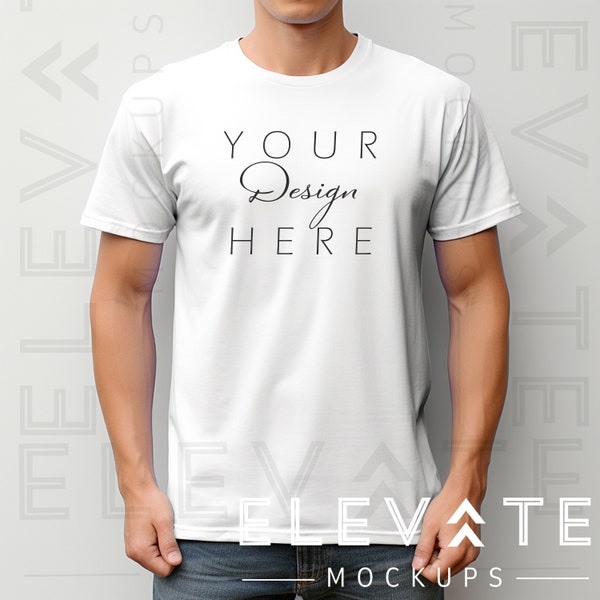 Gildan 5000 T-shirt Mockup, Plain Blank White G500 Mock-up Bundle, G5000 Mock-ups, Man Casual Tee Shirt Fashion Mock, Trendy Model Stock JPG