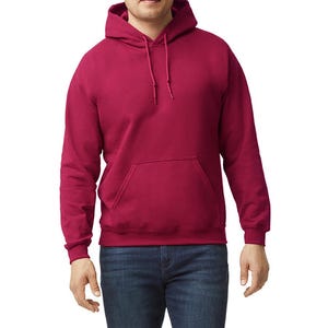May include: A maroon hooded sweatshirt with a kangaroo pocket.
