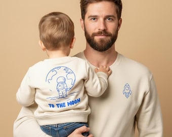 Sudadera a juego "To the Moon" de algodón orgánico | Astronauta, espacio, cohete, estampado en la espalda y en el pecho, talla grande, sostenible, regalo