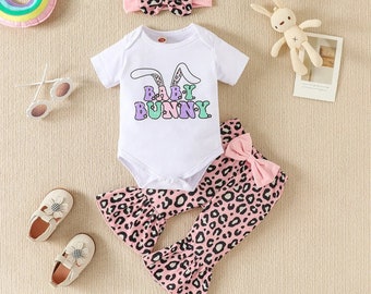 Baby Girls Easter Outfit Bunny Print Short Sleeve T-shirt with Flare Pants Headband Clothing Set