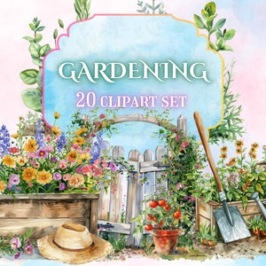 Conjunto de imágenes prediseñadas de jardinería de acuarela // Imágenes prediseñadas de acuarela de jardín de primavera // Imágenes prediseñadas de herramientas de jardín para uso comercial // Descarga digital de jardín