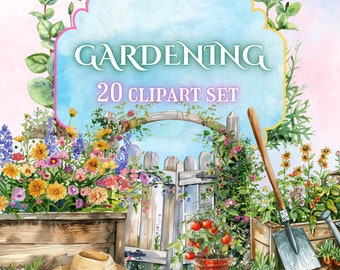 Watercolor Gardening Clipart Set, Spring Garden Tools (Digital Download)