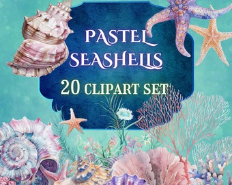 Pastel Seashell Clipart Set, Watercolor Ocean PNG (Digital Download)