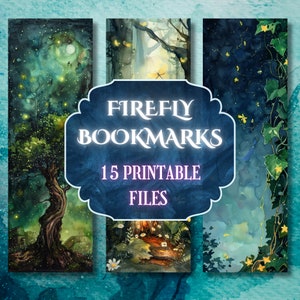 Può includere: Set di 15 segnalibri stampabili con illustrazioni ad acquerello di una foresta notturna con lucciole. Il testo "FIREFLY BOOKMARKS 15 PRINTABLE FILES" è visualizzato su uno stendardo blu.