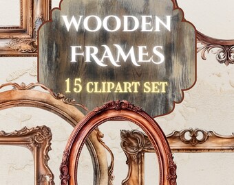 Shabby Chic Wooden Frame Clipart Set, Vintage Transparent PNG (Digital Download)