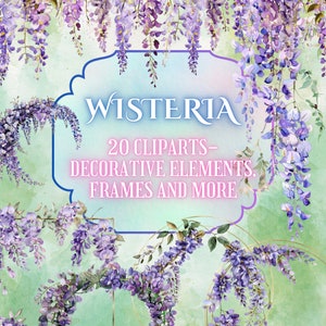 Watercolor Wisteria Clipart Set // Watercolor Wisteria Borders and Frames // Spring Flowers Clipart Set // Floral Clipart Instant Download