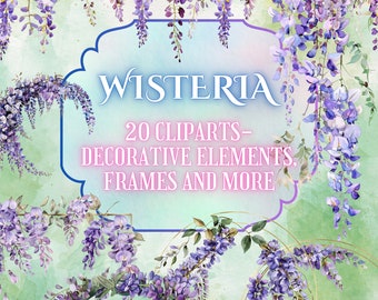 Watercolor Wisteria Clipart Set // Watercolor Wisteria Borders and Frames // Spring Flowers Clipart Set // Floral Clipart Instant Download