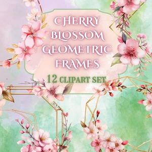 Molduras geométricas em flor de cerejeira // Molduras digitais para convites de casamento // Bordas de clipart floral rosa // Moldura de flor rosa PNG