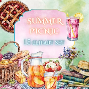 Watercolor Picnic Clipart Bundle // Cottagecore Clipart Set for Instant Download // Summer Picnic Transparent PNGs // Picnic Basket Cliparts