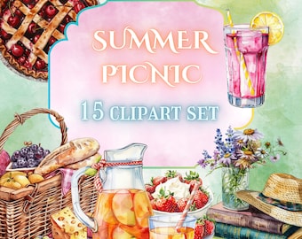 Watercolor Picnic Clipart Bundle, Cottagecore PNGs (Digital Download)