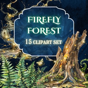 Magical Firefly Forest Clipart Set // Watercolor Firefly Digital Download // Enchanted Forest Transparent PNG Clipart Bundle