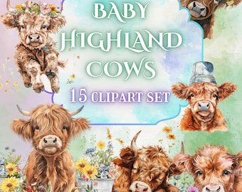 Baby Highland Cow Clipart Set: Blommiga PNG-bilder (digital nedladdning)