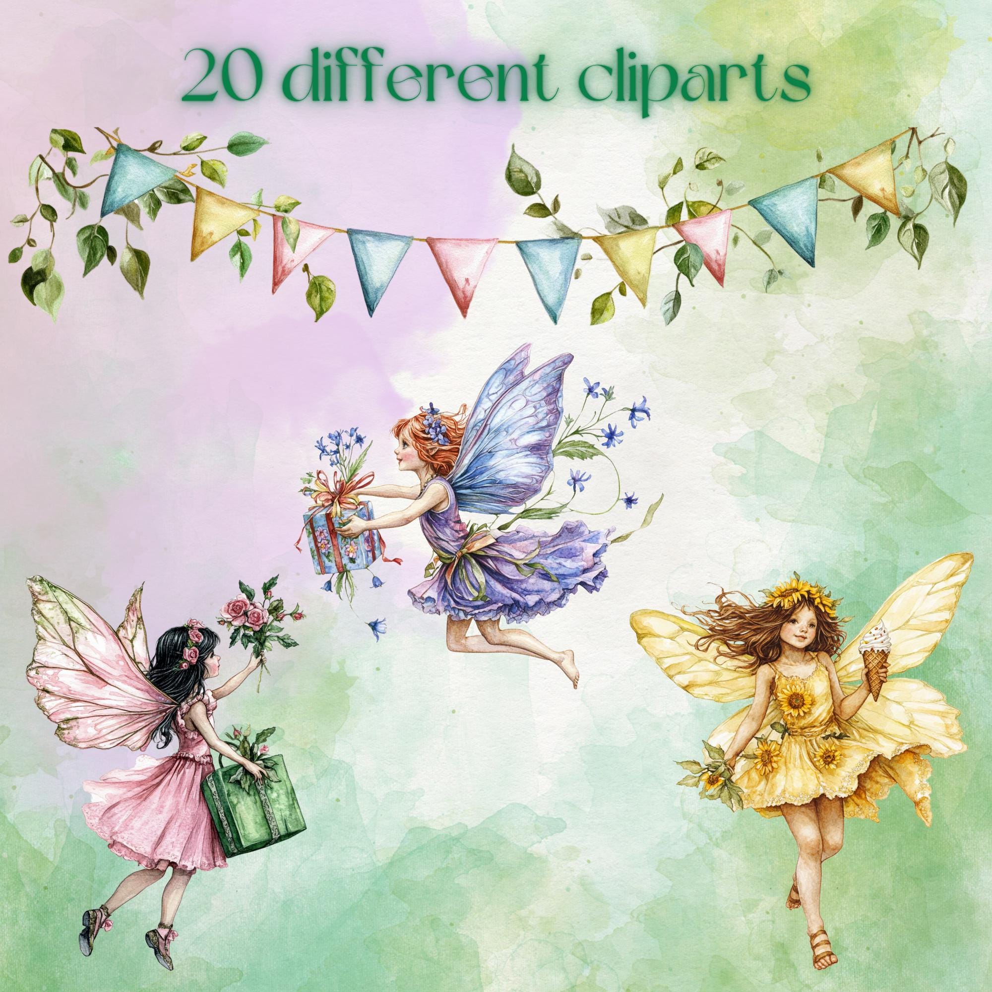 Fairy Party Clipart Bundle, Vintage Girl Birthday Designs (digital ...