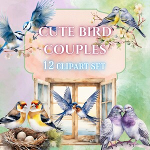 Conjunto de imágenes prediseñadas de pájaros lindos // Imágenes prediseñadas de pájaros del día de San Valentín // Descarga digital de parejas de pájaros lindos // Paquete de imágenes prediseñadas de pájaros de primavera
