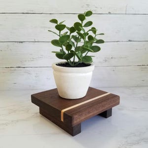 以下が含まれることがあります： 緑の葉を持つ小さな鉢植えの植物が、薄い金のストライプが入った濃い茶色の木製スタンドの上に置かれています。スタンドは正方形の天板と4本の脚を持っています。