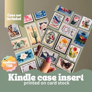 May include: Two sheets of cardstock with a collage of vintage postage stamps featuring flowers, butterflies, and other designs. The text "Case not included" is printed on the top left corner of the image. The text "Kindle case insert printed on card stock" is printed at the bottom of the image.