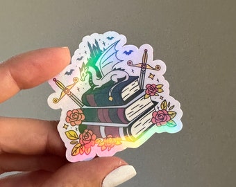 Romantasy book stack with Dragons waterproof holographic sticker for kindle cases, laptops, and water bottles, bookish gifts