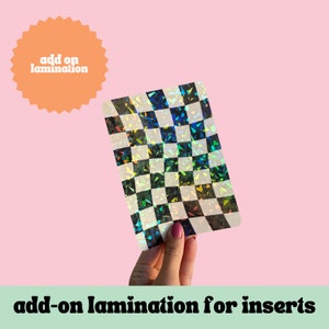 May include: A holographic checkered pattern laminated sheet, perfect for adding a unique touch to your planner or journal inserts. The sheet is iridescent and has a rainbow effect.