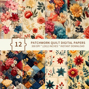 12 Patchwork Quilt Digital Paper: Colorful Seamless Patterns